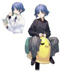  1girl absurdres blue_hair bocchi_the_rock! book earrings eating highres jewelry long_sleeves mole mole_under_eye pants plant ribbon short_hair sitting solo spring_rider yamada_ryou yellow_eyes yitiao_er-hua 