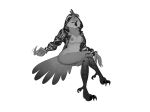 2022 anthro areola avian bird black_talons breasts clitcereal clothing crossed_legs digital_drawing_(artwork) digital_media_(artwork) facial_spots feathers female freckles full-length_portrait glistening glistening_clothing glistening_jacket glistening_topwear grey_body grey_feathers greyscale hair hi_res jacket looking_at_viewer monochrome neck_tuft nipples portrait simple_background sitting solo spotted_face tail_feathers talons three-quarter_view topwear tuft white_background 