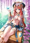  :d absurdres blush breasts genshin_impact harem_outfit highres horns long_hair looking_at_viewer medium_breasts navel nilou_(genshin_impact) open_mouth red_hair smile stomach stone_(ksorede) thighlet thighs veil 