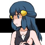 1girl bangs bare_shoulders black_shirt blue_eyes blue_hair blush closed_mouth collarbone commentary_request dawn_(pokemon) flashing flat_chest gomatarou_(pixiv196136) hair_ornament hairclip hand_up jaggy_lines light_blush long_hair looking_away looking_to_the_side lowres nipples no_bra pokemon pokemon_(game) pokemon_dppt shaded_face shirt shirt_aside sidelocks sleeveless sleeveless_shirt solo split_depth sweat textless_version upper_body white_background 