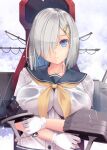  1girl adapted_turret black_bra blue_eyes bra bra_visible_through_clothes breasts gloves grey_hair hair_ornament hair_over_one_eye hairclip hamakaze_(kancolle) kantai_collection kirishima_satoshi large_breasts neckerchief rigging school_uniform serafuku short_hair short_sleeves solo underwear upper_body white_gloves yellow_neckerchief 