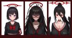  3girls @_@ absurdres antenna_hair armband bangs black_choker black_hair black_sailor_collar black_shirt blue_archive blush bow bowtie breasts choker cleavage closed_mouth crop_top full-face_blush hair_between_eyes halo hasumi_(blue_archive) highres large_breasts long_hair looking_at_viewer mashiro_(blue_archive) mole mole_under_eye multiple_girls neckerchief necktie ponytail purple_eyes red_bow red_bowtie red_choker red_eyes red_neckerchief red_necktie sailor_collar sbbs school_uniform serafuku shaded_face shirt short_hair simple_background smile straight-on sweat tsurugi_(blue_archive) undone_neckerchief upper_body white_background white_sailor_collar wings 