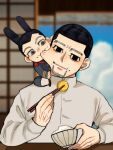  2boys animal_ears biting black_eyes black_hair blush bowl buzz_cut cheek_biting chibi chibi_inset chopsticks expressionless facial_hair food_request goatee golden_kamuy hair_strand kemonomimi_mode looking_at_viewer male_focus multiple_boys ogata_hyakunosuke rabbit_ears ri_(ri_kaos21) rice_bowl scar scar_on_cheek scar_on_face short_hair stitches stubble upper_body usami_tokishige very_short_hair 