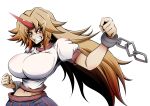  1girl breasts brown_eyes brown_hair clenched_hand clenched_teeth commentary_request hand_up hidefu_kitayan highres horns hoshiguma_yuugi large_breasts long_hair looking_at_viewer oni_horns pose smile solo teeth touhou white_background 