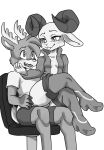  absurd_res anthro antlers blush bovid buckteeth caprine cervid chair clothed clothing daigaijin duo female furniture greyscale hi_res horn legwear male male/female mammal monochrome open_clothing open_shirt open_topwear scut_tail shirt short_tail sitting teeth thigh_highs topwear 
