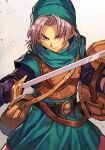  1boy armor bag belt black_gloves closed_mouth dragon_quest dragon_quest_vi dress gloves green_dress green_headwear holding holding_shield holding_sword holding_weapon hungry_clicker looking_at_viewer male_focus purple_eyes purple_hair shield short_hair shoulder_bag simple_background solo sword terry_(dq6) v-shaped_eyebrows weapon white_background 