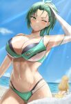  2girls ;d arm_at_side arm_up armpits ass ayato_utae bangs bare_shoulders beach bikini black_bikini blue_sky blush breasts cleavage clothes_writing cloud collarbone commentary_request cowboy_shot day dolphin_wave elbow_gloves facing_away fingerless_gloves gloves green_bikini green_eyes green_hair grin hachira half_updo hand_on_own_head harunami_anri high_ponytail highres horizon large_breasts layered_bikini light_brown_hair long_hair looking_at_viewer multi-strapped_bikini multi-strapped_bikini_bottom multiple_girls navel ocean one_eye_closed outdoors ponytail ruffling_hair short_hair single_elbow_glove sky smile sparkle squatting standing stomach sunlight swimsuit water water_drop wet wet_hair white_gloves 