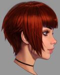  1girl bangs blunt_bangs choker cropped_shoulders from_side grey_background grey_eyes head_only highres ilya_kuvshinov light_smile lips looking_ahead mole nose original profile realistic red_hair short_hair simple_background solo 
