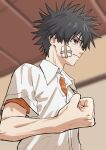  1boy a_certain_high_school_uniform aic_oekaki black_eyes black_hair blurry blurry_background clenched_hand closed_mouth collared_shirt commentary_request gauze highres indoors kamijou_touma male_focus orange_shirt partially_unbuttoned school_uniform shirt short_sleeves solo spiked_hair toaru_majutsu_no_index upper_body white_shirt 