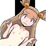  1girl alternate_eye_color beads blush brown_hair closed_mouth collarbone commentary_request completely_nude constricted_pupils dutch_angle embarrassed flat_chest forehead gomatarou_(pixiv196136) hair_beads hair_ornament hands_up jaggy_lines jasmine_(pokemon) light_blush long_hair looking_at_viewer lowres navel nervous nipples nude pokemon pokemon_(game) pokemon_gsc purple_eyes raised_eyebrows shaded_face solo split_depth standing straight-on sweat tan tanlines textless_version two_side_up upper_body wavy_mouth white_background 
