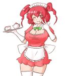  1girl ;d alternate_costume apron breasts cleavage cowboy_shot cup dress gloves hair_bobbles hair_ornament holding holding_tray large_breasts looking_at_viewer maid maid_headdress mizusoba one_eye_closed onozuka_komachi red_dress red_eyes red_hair short_hair simple_background smile solo standing teacup teapot thighhighs touhou tray two_side_up waist_apron white_apron white_background white_gloves white_thighhighs 