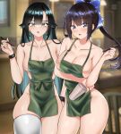  2girls :o absurdres apron arm_under_breasts bangs black_hair blue_eyes blunt_bangs blurry blurry_background breasts breasts_apart cleavage collarbone cowboy_shot cup curled_fingers disposable_cup dot_nose english_commentary flor_(freshtango) forehead freshtango green_apron green_hair grey_eyes hair_ornament highres holding holding_cup holding_pen iced_latte_with_breast_milk_(meme) indoors large_breasts looking_at_viewer medium_breasts meme mole mole_under_eye multiple_girls naked_apron open_mouth original pac-man_eyes parted_bangs pen ponytail satomi_(freshtango) sidelocks single_thighhigh thighhighs thighs white_thighhighs 
