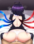  1boy 1girl absurdres ahoge anus ass asymmetrical_wings back backless_dress backless_outfit bar_censor black_dress black_hair black_thighhighs blue_wings censored cipher_(user_watm8555) clothed_female_nude_male clothes_lift clothing_aside commentary_request doggystyle dress dress_lift feet_out_of_frame from_behind hetero highres houjuu_nue nude on_bed panties panties_aside penis pov pussy red_wings sex short_dress short_hair short_sleeves solo_focus textless_version thighhighs touhou trembling underwear white_panties wings 