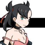  1girl aqua_eyes asymmetrical_bangs bangs bare_shoulders black_choker black_hair black_jacket blush blush_stickers choker closed_mouth collarbone commentary_request dress embarrassed flat_chest gomatarou_(pixiv196136) grey_hair hair_ribbon jacket jaggy_lines looking_at_viewer lowres marnie_(pokemon) medium_hair multicolored_hair nipple_slip nipples no_bra off_shoulder pink_dress pokemon pokemon_(game) pokemon_swsh red_ribbon ribbon solo spaghetti_strap split_depth strap_slip sweat textless_version twintails two-tone_hair two_side_up undercut upper_body v-shaped_eyebrows wardrobe_malfunction white_background 