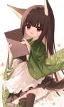  1girl :o animal_ear_fluff animal_ears apron black_skirt brown_eyes brown_hair brown_thighhighs commentary_request frilled_apron frills ginkgo_leaf green_kimono holding japanese_clothes kimono leaf long_hair long_sleeves looking_at_viewer maple_leaf obi open_mouth original pleated_skirt sash simple_background skirt solo tail thighhighs very_long_hair wa_maid waist_apron white_apron white_background wide_sleeves yuuhagi_(amaretto-no-natsu) 