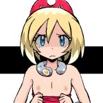  1girl bangs bare_shoulders blonde_hair blue_eyes bracelet closed_mouth clothes_pull commentary_request flashing flat_chest gomatarou_(pixiv196136) hair_between_eyes hairband hands_up irida_(pokemon) jaggy_lines jewelry looking_at_viewer lowres neck_ring nipples no_bra pokemon pokemon_(game) pokemon_legends:_arceus pulled_by_self red_hairband red_shirt shaded_face shiny shiny_hair shiny_skin shirt shirt_pull short_hair sidelocks solo split_depth straight-on strapless strapless_shirt textless_version upper_body v-shaped_eyebrows white_background 