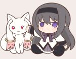  1girl :&lt; akemi_homura black_hair black_hairband blush chibi closed_mouth hairband kyubey long_hair long_sleeves looking_at_another mahou_shoujo_madoka_magica pantyhose punching purple_eyes sitting yuno385 