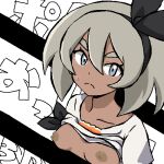  1girl bangs bea_(pokemon) black_hairband breasts closed_mouth clothes_lift collarbone commentary_request copyright_name dark-skinned_female dark_skin gomatarou_(pixiv196136) grey_eyes grey_hair hair_between_eyes hairband jaggy_lines looking_at_viewer lowres nipples no_bra pokemon pokemon_(game) pokemon_swsh shirt shirt_lift short_hair short_sleeves small_breasts solo split_depth split_mouth sweat text_background thick_eyebrows tied_shirt translated upper_body v-shaped_eyebrows white_background white_shirt 