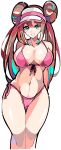  1girl absurdres blue_eyes breasts brown_hair double_bun doughnut_hair_bun enpe hair_bun highres large_breasts long_hair midriff navel pokemon pokemon_(game) pokemon_bw2 rosa_(pokemon) solo swimsuit twintails very_long_hair visor_cap 