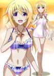  1girl ass_visible_through_thighs bikini blonde_hair charlotte_dunois commentary_request cowboy_shot frilled_bikini frills full_body infinite_stratos jewelry kuroda_ariake long_hair looking_at_viewer low_ponytail multiple_views naked_towel necklace pendant plaid plaid_bikini purple_bikini purple_eyes standing swimsuit thigh_gap towel zoom_layer 