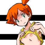  1girl bangs bare_shoulders blush breasts closed_mouth clothes_lift collarbone commentary_request flashing gomatarou_(pixiv196136) green_eyes hair_tie hands_up head_tilt inverted_nipples jaggy_lines lifted_by_self light_blush looking_at_viewer lowres misty_(pokemon) nipples no_bra orange_hair pokemon pokemon_(anime) pokemon_(classic_anime) shaded_face shirt shirt_lift short_hair side_ponytail sleeveless sleeveless_shirt small_breasts solo split_depth textless_version upper_body v-shaped_eyebrows white_background yellow_shirt 