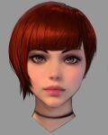  1girl asymmetrical_hair bangs blunt_bangs choker cropped_shoulders grey_background grey_eyes head_only highres ilya_kuvshinov light_smile lips looking_at_viewer mole nose original realistic red_hair short_hair simple_background solo 