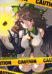  1girl bow breasts cape caution_tape chest_jewel elbow_gloves gloves green_bow hair_bow highres index_finger_raised long_hair navel red_eyes reiuji_utsuho solo touhou uisu_(noguchipint) v-shaped_eyebrows white_cape wings 