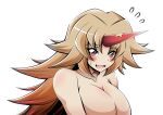  1girl blush breasts brown_eyes brown_hair commentary_request hidefu_kitayan highres horns hoshiguma_yuugi large_breasts long_hair looking_at_viewer nude oni_horns smile solo sweatdrop touhou wavy_mouth white_background 
