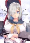  1girl adapted_turret blue_eyes breasts gloves grey_hair hair_ornament hair_over_one_eye hairclip hamakaze_(kancolle) kantai_collection kirishima_satoshi large_breasts neckerchief rigging school_uniform serafuku short_hair short_sleeves solo upper_body white_gloves yellow_neckerchief 