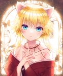  1girl animal_ear_fluff animal_ears backlighting bangs bare_shoulders blonde_hair blue_eyes cat_ears closed_mouth collarbone commentary_request hair_between_eyes hands_up highres japanese_clothes kimono long_hair looking_at_viewer minatsuki_alumi off_shoulder original own_hands_together red_kimono short_hair_with_long_locks solo sunlight upper_body 