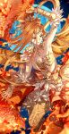  1girl armpits artist_name azeyma blonde_hair breasts cleavage dated english_text feather_fan feathered_wings feathers final_fantasy final_fantasy_xiv fire forehead_jewel hair_ornament hand_fan highres holding holding_fan long_hair nardack wings 