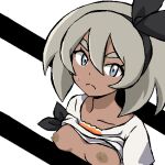  1girl bangs bea_(pokemon) black_hairband breasts closed_mouth clothes_lift collarbone commentary_request dark-skinned_female dark_skin gomatarou_(pixiv196136) grey_eyes grey_hair hair_between_eyes hairband jaggy_lines looking_at_viewer lowres nipples no_bra pokemon pokemon_(game) pokemon_swsh shirt shirt_lift short_hair short_sleeves small_breasts solo split_depth split_mouth sweat textless_version thick_eyebrows tied_shirt upper_body v-shaped_eyebrows white_background white_shirt 