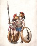  2girls armor collarbone helmet highres holding holding_weapon hoplite long_hair multiple_girls original polearm sandals shield skirt soldier spear vanishlily weapon yuri 