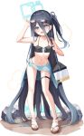  1girl absurdly_long_hair alternate_costume aris_(blue_archive) bag bare_shoulders barefoot_sandals beach bikini black_bikini blue_archive blue_eyes blue_hair blush collarbone dark_blue_hair eyewear_on_head flat_chest full_body hair_between_eyes halo holding holding_bag long_hair looking_at_viewer mannack navel open_mouth sand sandals side_ponytail simple_background smile solo standing sunglasses swimsuit thigh_strap toes very_long_hair white_background 