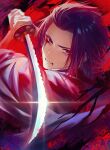  1boy black_hair black_robe bleeding blood blood_from_eyes blood_from_mouth chipped_sword flower glint hair_slicked_back highres himari_(_h_i8) holding holding_sword holding_weapon jigokuraku katana looking_at_viewer pointing_weapon red_theme robe short_hair solo spider_lily sword weapon yamada_asaemon_shugen 