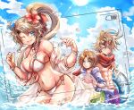  1girl 2boys abs blonde_hair blue_eyes breasts brown_hair cleavage closed_mouth cloud eyewear_on_head highres johan kyabia long_hair looking_at_viewer meythia multiple_boys navel open_mouth romancing_saga_re;universe saga saga_frontier_2 smile sun sunglasses swimsuit ventarbre water 