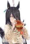  1girl ahoge amano_kokoko animal_ears bangs beef black_hair burger burger_malfunction cheese commentary ear_piercing earrings eating food highres holding holding_food horse_ears horse_girl jewelry ketchup lettuce long_bangs long_hair manhattan_cafe_(umamusume) meat messy piercing shirt shirt_tucked_in single_earring solo spilling symbol-only_commentary tomato tomato_slice two-handed umamusume white_hair white_shirt yellow_eyes 