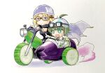  +_+ 2girls :d ahoge animal_print anna_mel aqua_eyes bangs black_gloves black_jacket blonde_hair blue_headwear blush butterfly_print chibi closed_mouth cucumber delraich66 dress eggplant fingerless_gloves gloves goggles goggles_on_headwear green_hair ground_vehicle helmet jacket magia_record:_mahou_shoujo_madoka_magica_gaiden magical_girl mahou_shoujo_madoka_magica motor_vehicle motorcycle motorcycle_helmet multiple_girls off-shoulder_dress off_shoulder open_mouth parted_bangs print_headwear purple_eyes purple_headwear simple_background sleeveless sleeveless_jacket smile veil white_background white_dress white_gloves yukino_kanae 