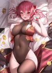  1girl :d absurdres bangs bed_sheet blush breasts brown_leotard brown_thighhighs cellphone cleavage coin dodari gold_coin hair_ribbon heterochromia highres hololive houshou_marine jacket knee_up large_breasts leotard looking_at_viewer lying on_back open_clothes open_jacket phone pillow red_eyes red_hair red_jacket red_ribbon ribbon sleeveless sleeveless_jacket smartphone smile solo thighhighs virtual_youtuber yellow_eyes 