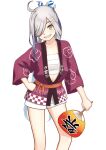  ahoge asashimo_(kancolle) feet_out_of_frame gradient_hair grey_eyes grey_hair grin hair_over_one_eye hand_fan hand_on_hip happi highres japanese_clothes kantai_collection long_hair multicolored_hair official_alternate_costume paper_fan ponytail porupurucha sarashi sharp_teeth shorts simple_background smile teeth uchiwa white_background white_shorts 
