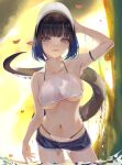  1girl absurdres arknights arm_behind_head arm_strap arm_up armpits backlighting bangs bare_shoulders bikini black_hair blue_eyes blue_hair blue_shorts blunt_bangs breasts closed_mouth contrapposto cutoffs day eunectes_(arknights) gradient_hair hat highres large_breasts looking_at_viewer multicolored_hair navel nekobell outdoors petals short_shorts shorts skindentation solo stomach sunlight swimsuit tree underboob wading water white_bikini white_headwear 