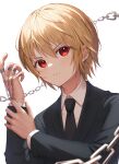  1boy bishounen black_necktie blonde_hair chain closed_mouth commentary commentary_request earrings formal highres hunter_x_hunter jewelry kurapika long_sleeves looking_at_viewer male_focus necktie red_eyes ring short_hair simple_background solo suit usami_(usami_l) 