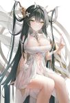  1girl absurdly_long_hair azur_lane between_breasts black_hair breasts choker cleavage clothing_cutout detached_collar dress flower frilled_choker frills green_eyes hair_flower hair_flowing_over hair_on_horn hair_ornament highres indomitable_(azur_lane) infinity_(kkx132) large_breasts long_hair looking_at_viewer navel_cutout simple_background sitting sleeveless sleeveless_dress solo very_long_hair white_background white_dress white_flower 