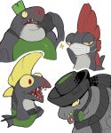  anthro armor big_shot_(splatoon) crooked_teeth drizzler_(splatoon) fish green_hair group hair hi_res lb_aventadors male marine mask nintendo red_eyes salmonid_(splatoon) simple_background splatoon steel_eel_driver steelhead video_games white_background yellow_sclera 