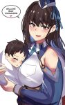  1boy 1girl baby black_hair blue_hair carrying carrying_person goddess_of_victory:_nikke hat highres hinghoi holding_baby marian_(nikke) military_hat multicolored_hair red_eyes simple_background speech_bubble white_background 