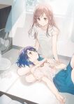  2girls adachi_sakura adachi_to_shimamura bare_shoulders black_hair brown_hair cover cover_page curtains electric_fan eye_contact hair_ornament hand_on_another&#039;s_head highres long_hair looking_at_another lying lying_on_another multiple_girls official_art shimamura_hougetsu shirt short_hair sitting smile sunlight t-shirt thighs third-party_source weee_(raemz) 