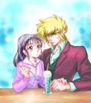  1boy 1girl aki_(juushin_liger) black_hair blonde_hair blue_eyes blurry blurry_background bow brown_eyes character_request check_character drinking_straw hair_bow hetero holding holding_spoon jacket juushin_liger kinko_k long_sleeves purple_jacket ryuu_dolk sidelocks spoon table upper_body 