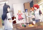 5girls :d animal_ears arknights black_hair blonde_hair blue_eyes blue_hair blue_tongue bowl brown_eyes casual ceiling_light chinese_commentary closed_eyes closed_mouth coffee_pot colored_tongue commentary cow_horns croissant_(arknights) croissant_(food_fantasy) crop_top cup cupboard demon_horns demon_tail detached_wings dress exusiai_(arknights) frilled_dress frills gogatsu_fukuin green_shirt grey_shorts halo holding holding_plate horns indoors lofter_username looking_at_another mostima_(arknights) mug multiple_girls open_mouth orange_hair outstretched_arms penguin_logistics_(arknights) pink_bloomers pink_dress plant plate plate_stack ponytail potted_plant red_hair refrigerator shirt short_hair short_sleeves shorts smile table tail teeth texas_(arknights) twitter_username upper_teeth weibo_username white_shirt window wings wolf_ears wolf_tail 