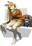  2girls animal_ears bow bowtie brown_fur brown_gloves brown_hair character_doll closed_eyes extra_ears ezo_red_fox_(kemono_friends) fox_ears fox_girl fox_tail fur_trim gloves gradient gradient_legwear hair_between_eyes hatch_(hatch_box) jacket kemono_friends long_hair long_sleeves multicolored_hair multiple_girls necktie no_shoes orange_hair orange_jacket orange_necktie orange_pantyhose pantyhose pleated_skirt silver_fox_(kemono_friends) sitting skirt sleeping tail two-tone_pantyhose white_bow white_bowtie white_pantyhose white_skirt 