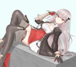  1girl absurdres azur_lane black_footwear black_gloves black_jacket boots breasts cleavage detached_collar dress dunkerque_(azur_lane) feet_out_of_frame from_side genius_1237to gloves grey_hair highres jacket juliet_sleeves long_hair long_sleeves looking_at_viewer medium_breasts open_clothes open_jacket puffy_sleeves red_dress red_eyes red_gloves short_dress simple_background solo thigh_boots thighhighs thighhighs_under_boots two-tone_dress two-tone_gloves very_long_hair white_background white_dress 